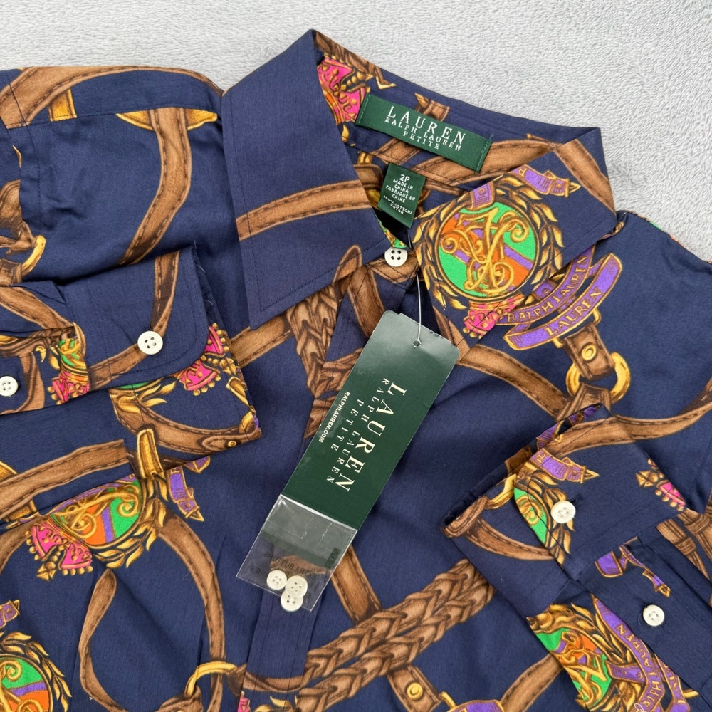 Lauren Ralph Lauren Peplum Button Down Shirt Navy Equestrian Print Size 2‎ P